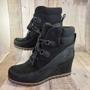 UGG Kriston Black Boots Women's 9 Suede Waterproof Wedge Heel Lace Up Warm